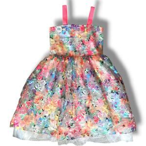 Girls Halabaloo Floral Appliqué Tulle Midi Dress Sz 12 Bright Multicolor Easter